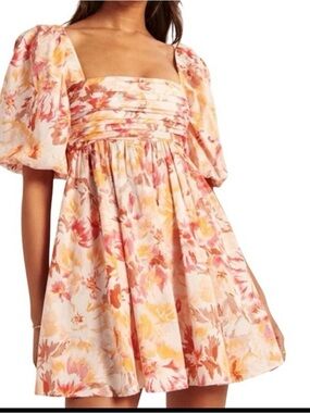 Abercrombie & Fitch Floral Square-Neck Puff Sleeve Mini Dress - Peach & Pink XS